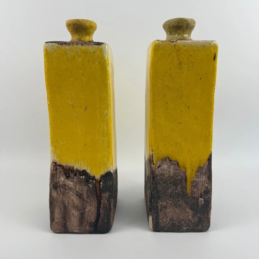 Vintage Studio Pottery Square Bottles Pair Mustard Yellow Drip Glaze Modern